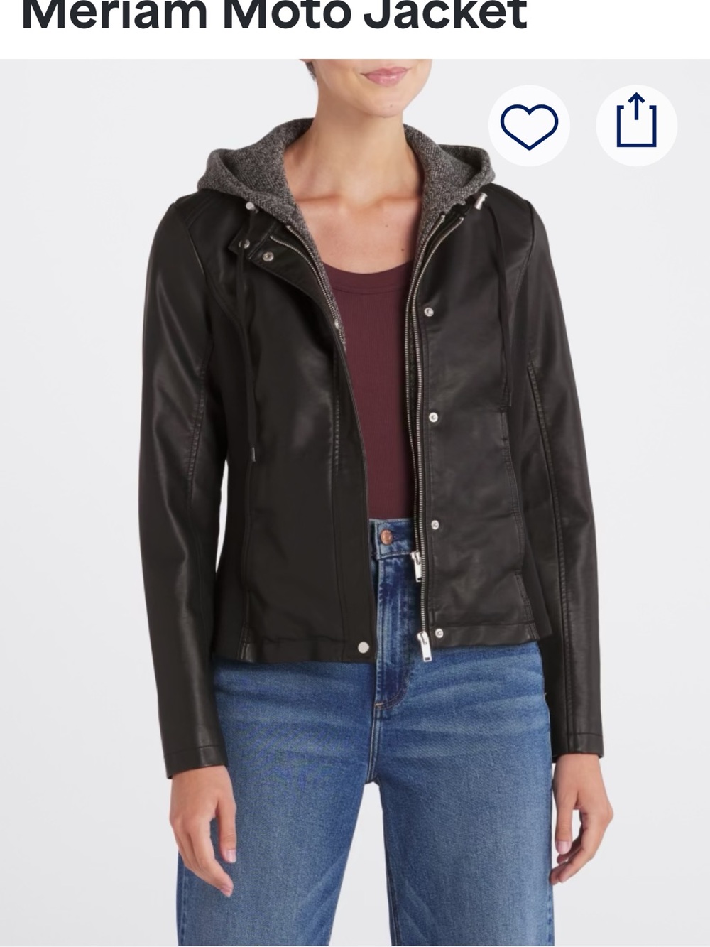 Meriam Moto Jacket — Black Faux Leather with Gray Hood